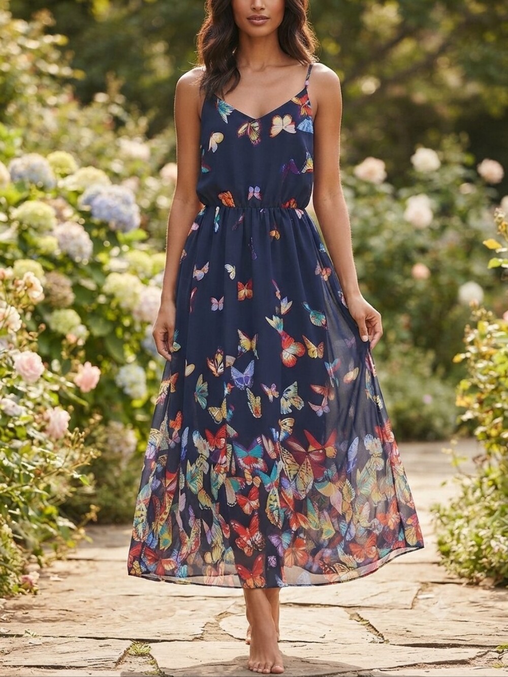 PopReal Butterfly Spaghetti Strap Midi Dress Semi-sheer Size M Navy Blue